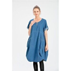 UNBRANDED Blue Cotton Denim Short Sleeve Dress XL Oversized Pockets Laganlook